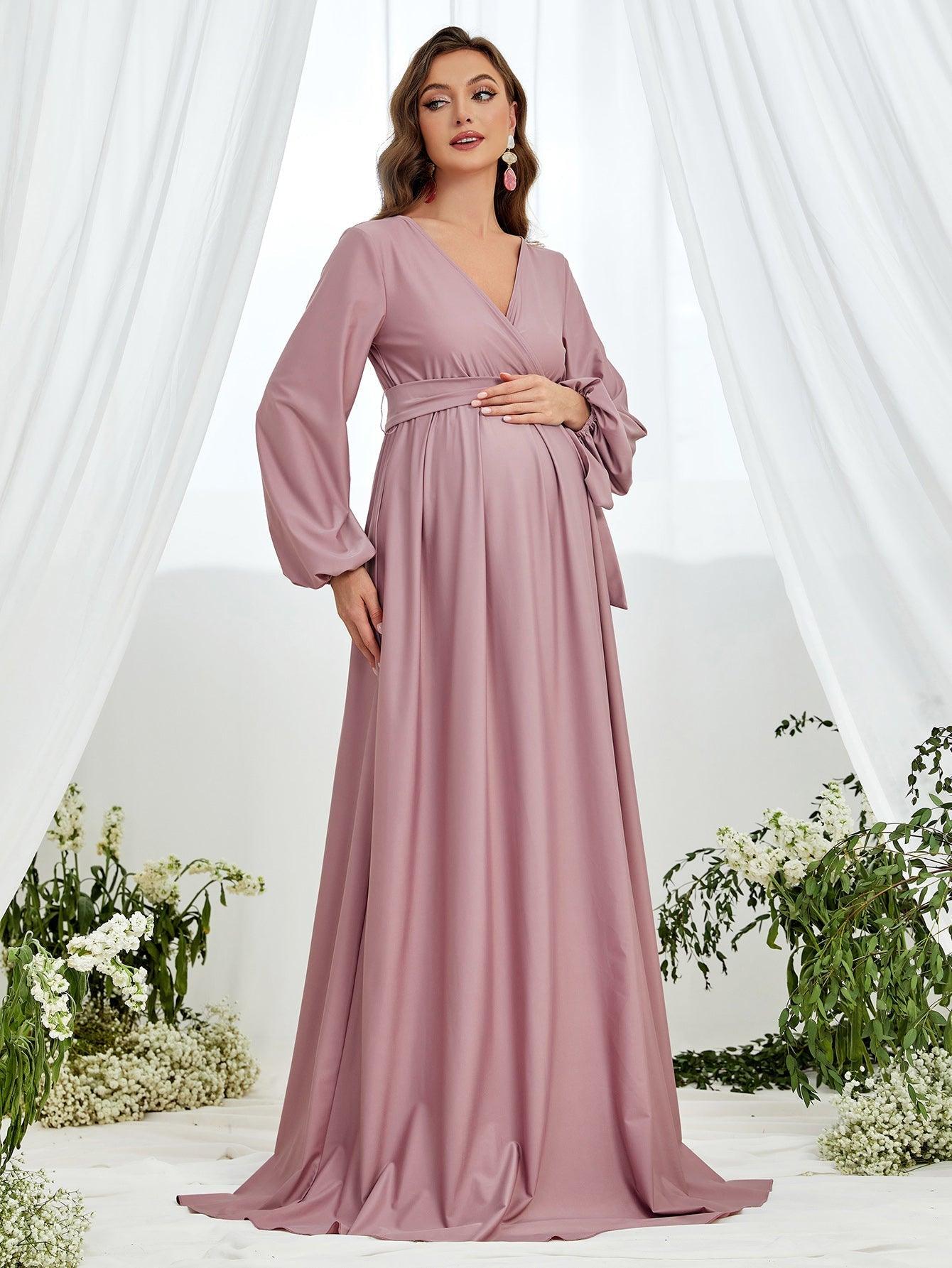 Maternity Surplice Neck A Line Belted Dress - Elonnashop