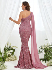 Maternity One Shoulder Draped Side Sequin Mermaid Dress - Elonnashop