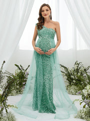 Maternity One Shoulder Mesh Overlay Sequin Party Dress - Elonnashop