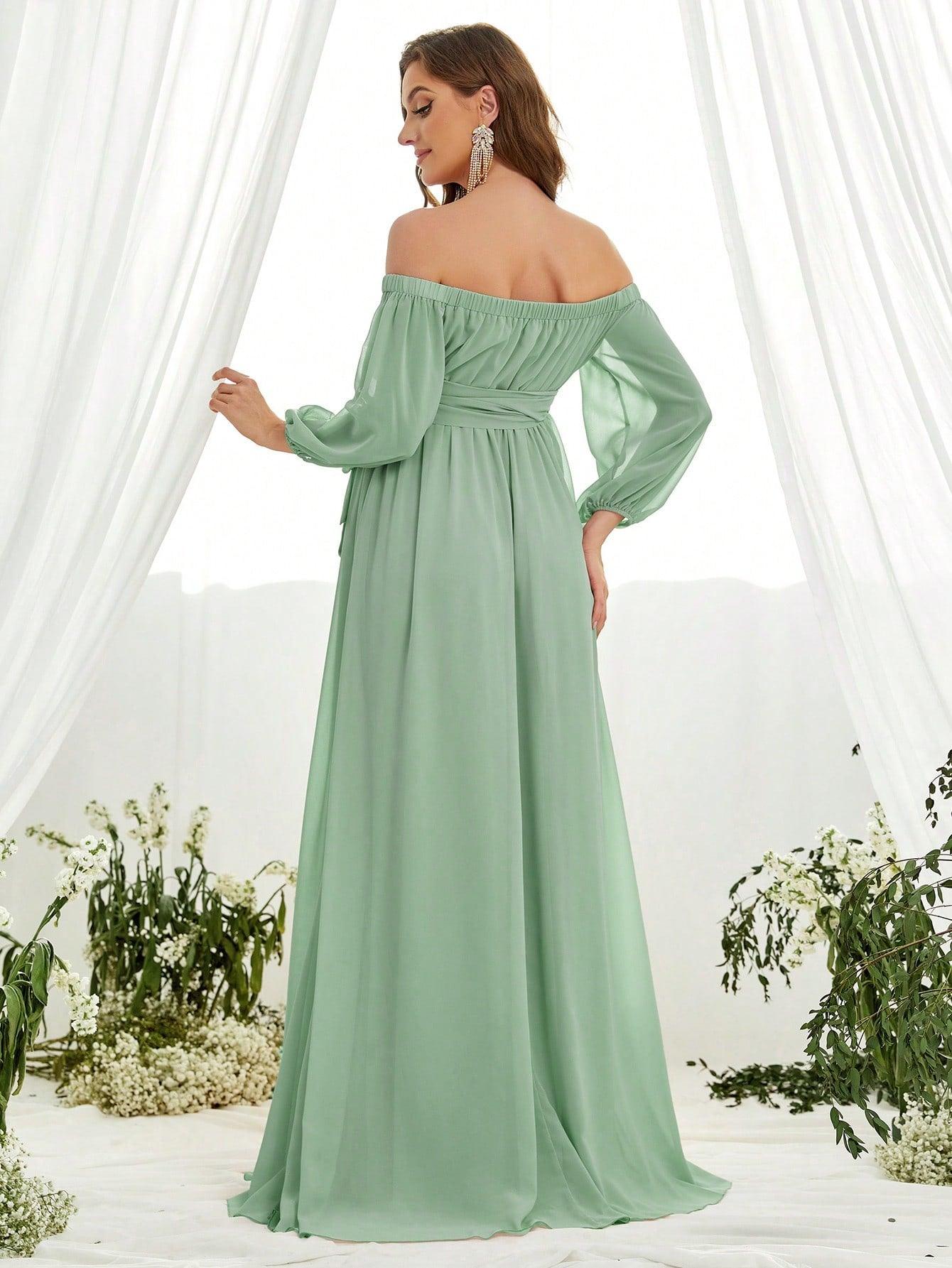 Maternity Off Shoulder Lantern Sleeve Chiffon Belted Dress - Elonnashop