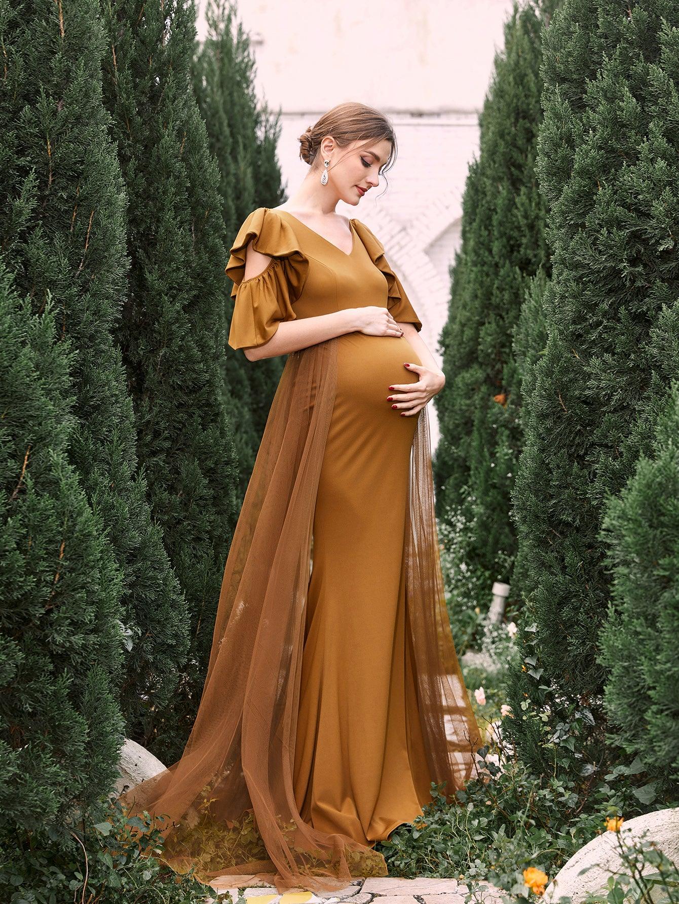 Maternity V Neck Ruffle Sleeves Mesh Overlay Mermaid Dress - Elonnashop