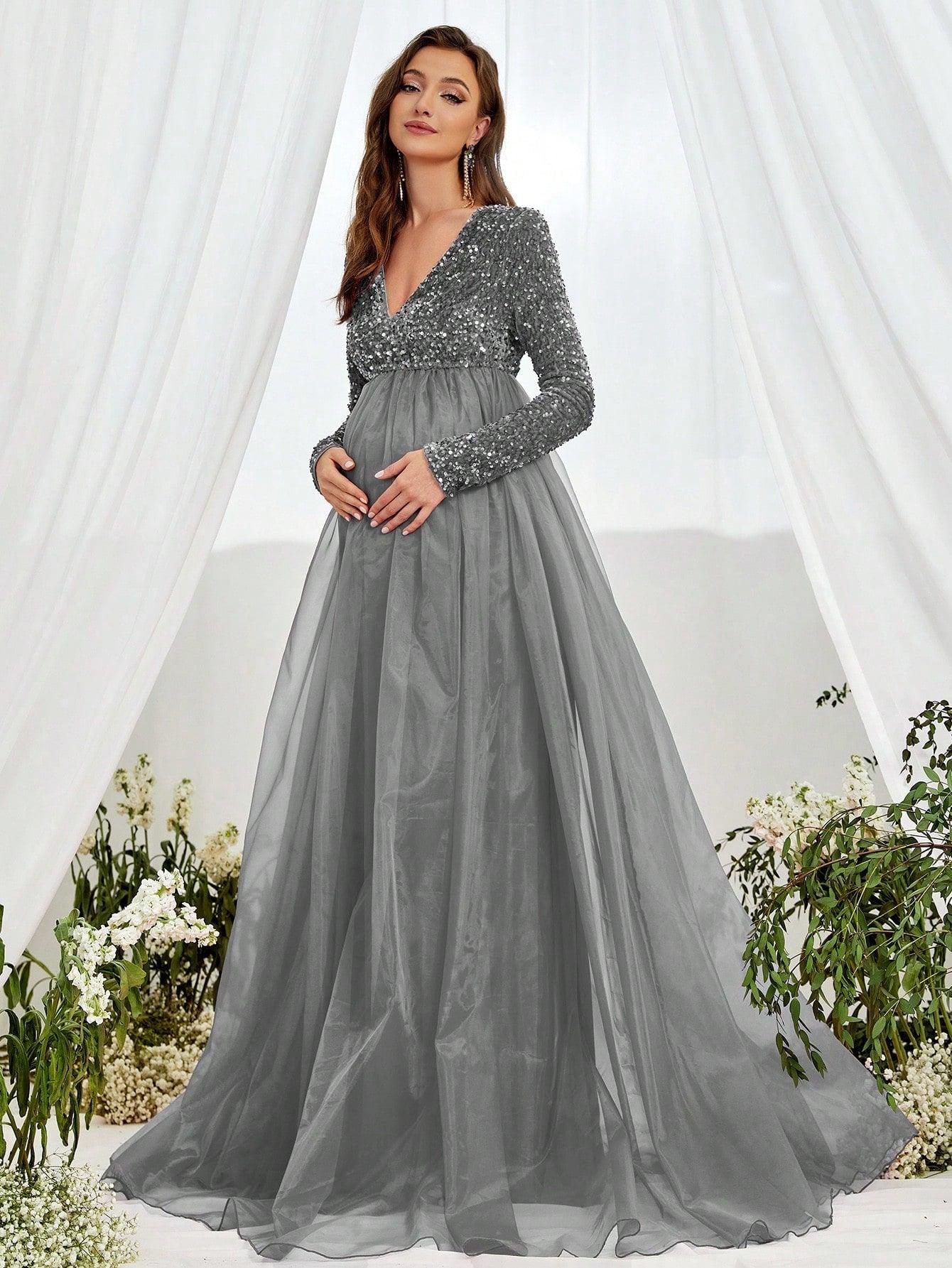 Maternity V Neck Long Sleeve Organza Hem Formal Dress - Elonnashop