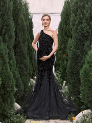 Maternity One Shoulder Mesh Mermaid Hem Sequin Dress - Elonnashop