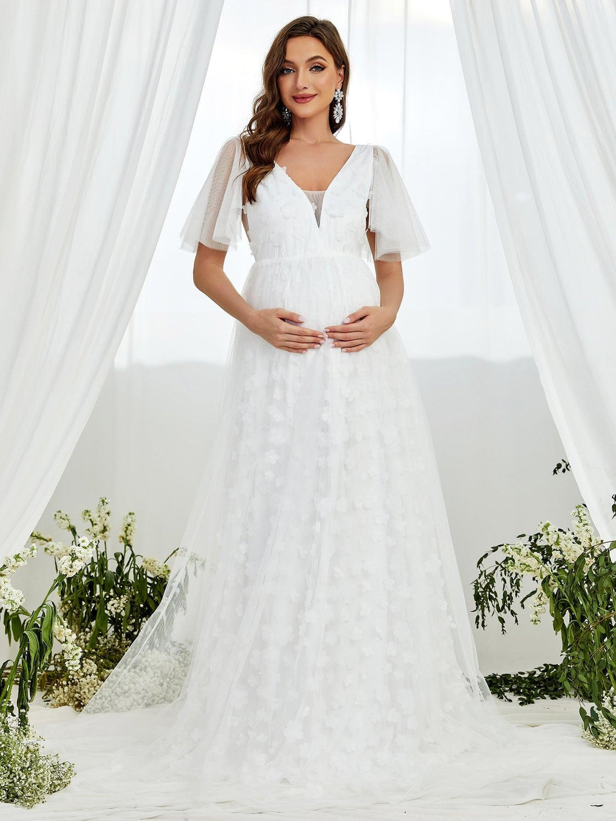 Maternity Butterfly Sleeve Floral Applique Mesh Wedding Dress - Elonnashop