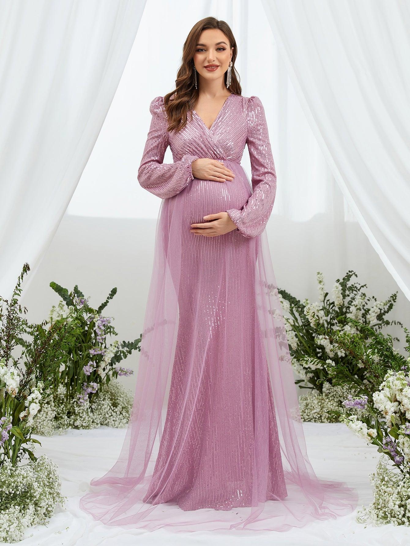 Maternity Surplice Neck Contrast Mesh Sequin Party Dress - Elonnashop