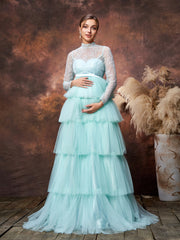 Maternity Mock Neck Lace Bodice Layered Tulle  Hem Prom Dress