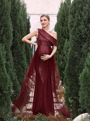 Maternity Sloping Collar Mesh Overlay Sequin Formal Dress - Elonnashop