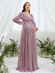 Maternity Ruched Bust Lantern Sleeve Sequin Party Dress - Elonnashop