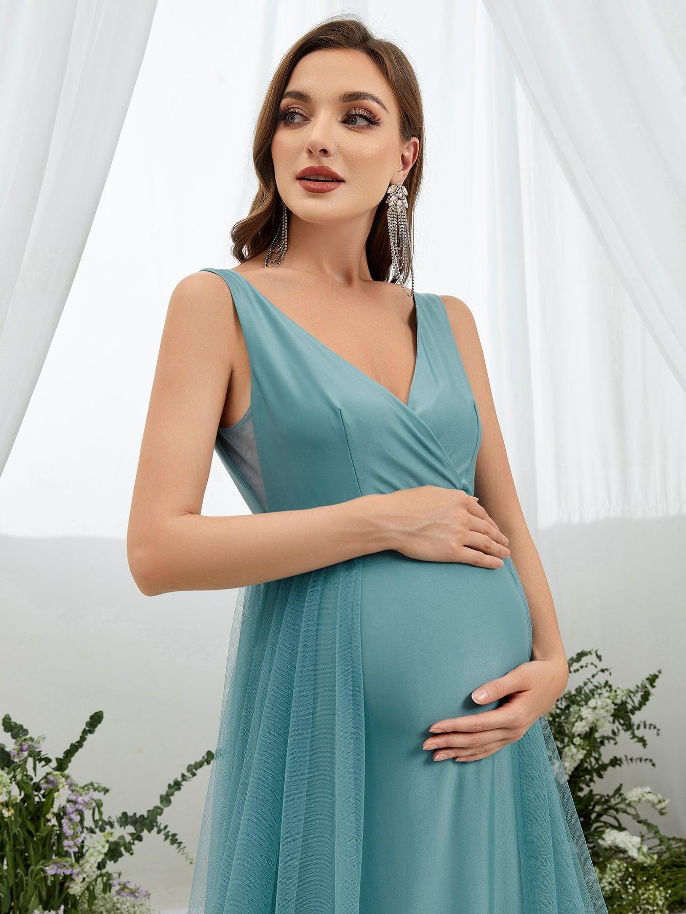 Maternity Backless Surplice Neck Mesh Overlay Dress - Elonnashop