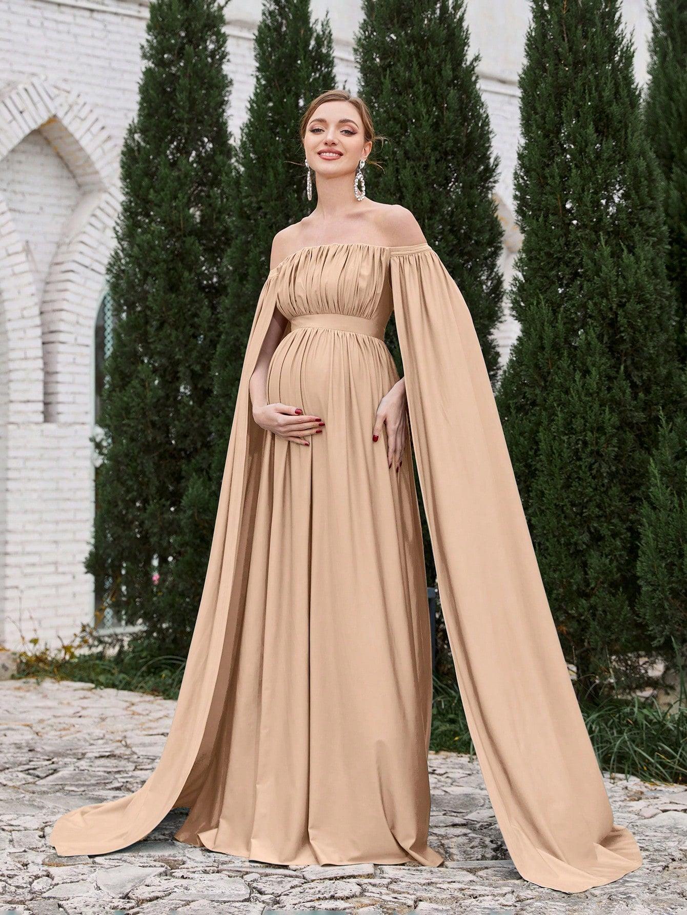 Maternity Off Shoulder Cape Sleeves Maxi Prom Dress - Elonnashop