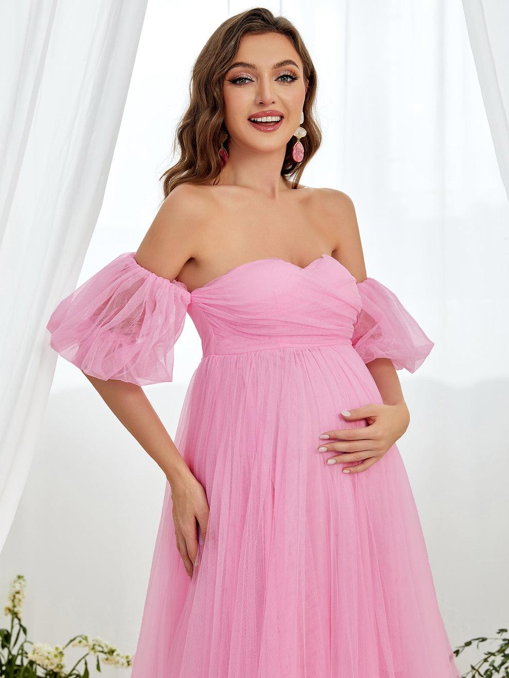 Maternity Off Shoulder Puff Sleeve Mesh Overlay Dress - Elonnashop