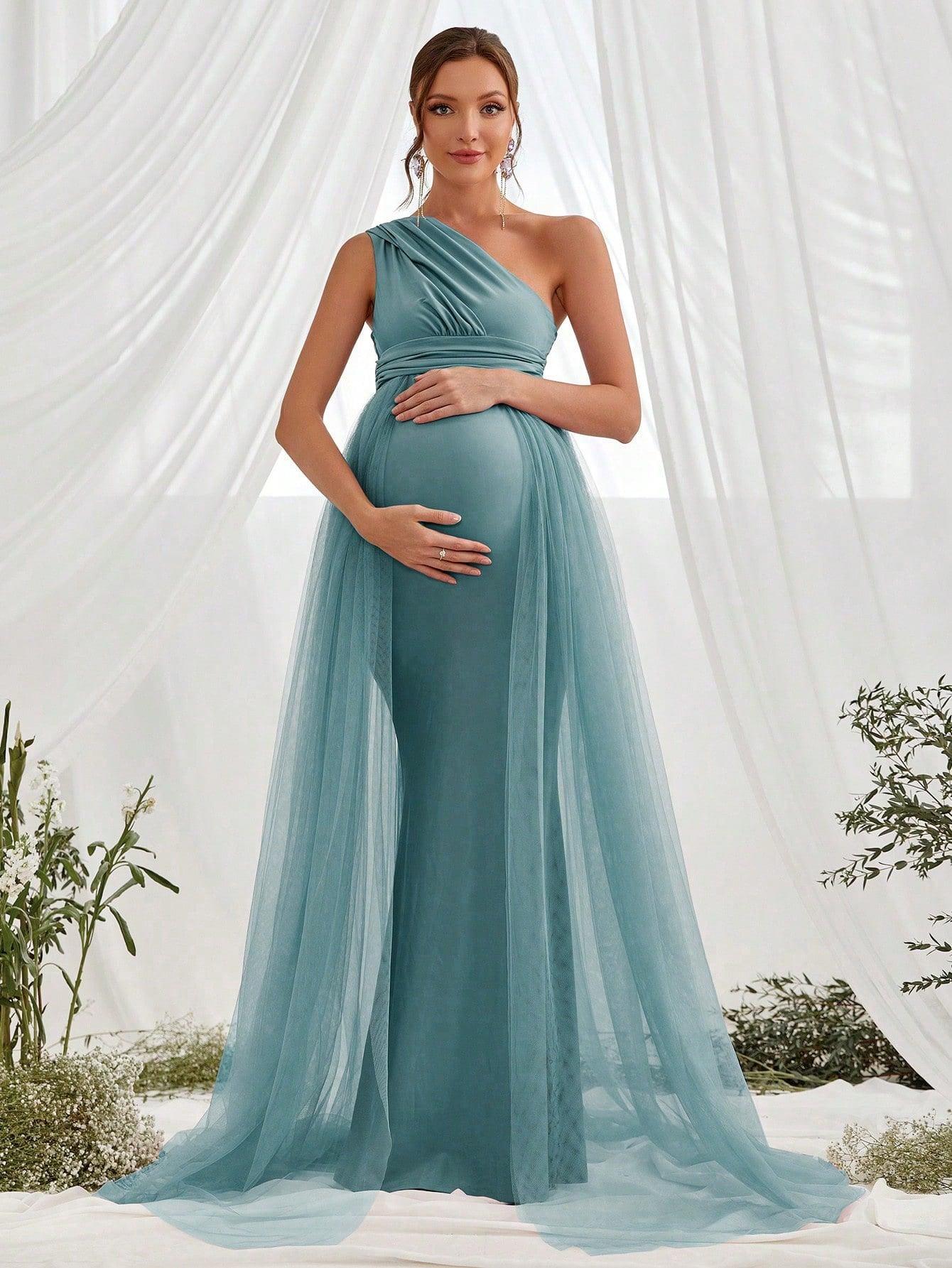 Maternity One Shoulder Contrast Mesh Mermaid Prom Dress - Elonnashop