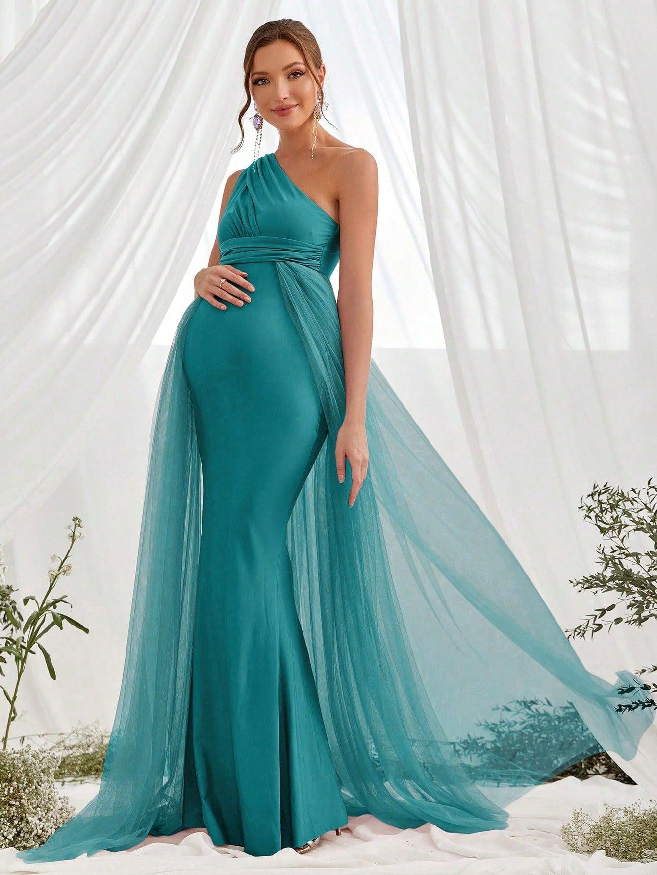 Maternity One Shoulder Contrast Mesh Mermaid Prom Dress - Elonnashop